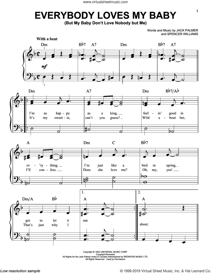 Everybody Loves My Baby (But My Baby Don't Love Nobody But Me) sheet music for piano solo by Spencer Williams, Clarence Williams and The Blue Five and Jack Palmer, easy skill level