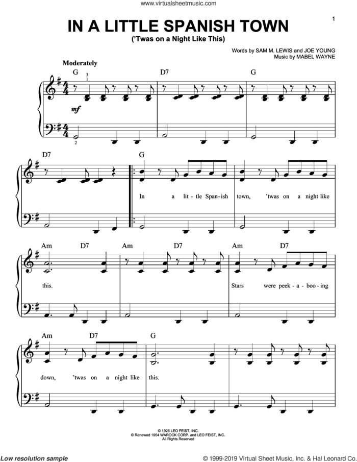 In A Little Spanish Town ('Twas On A Night Like This) sheet music for piano solo by Joe Young, Mabel Wayne and Sam Lewis, easy skill level