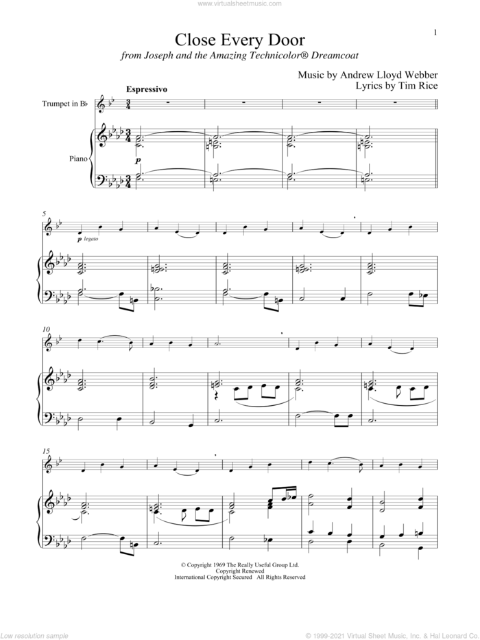 Close Every Door (from Joseph And The Amazing Technicolor Dreamcoat) sheet music for trumpet and piano by Andrew Lloyd Webber and Tim Rice, intermediate skill level
