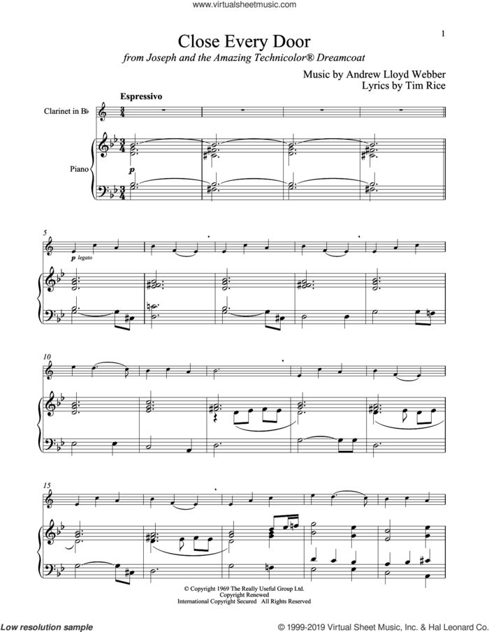 Close Every Door (from Joseph And The Amazing Technicolor Dreamcoat) sheet music for clarinet and piano by Andrew Lloyd Webber and Tim Rice, intermediate skill level