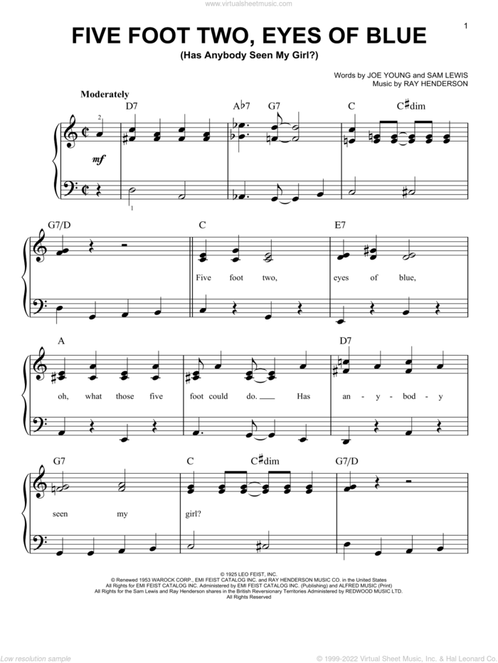 Five Foot Two, Eyes Of Blue (Has Anybody Seen My Girl?) sheet music for piano solo by Ray Henderson, Joe Young and Sam Lewis, easy skill level