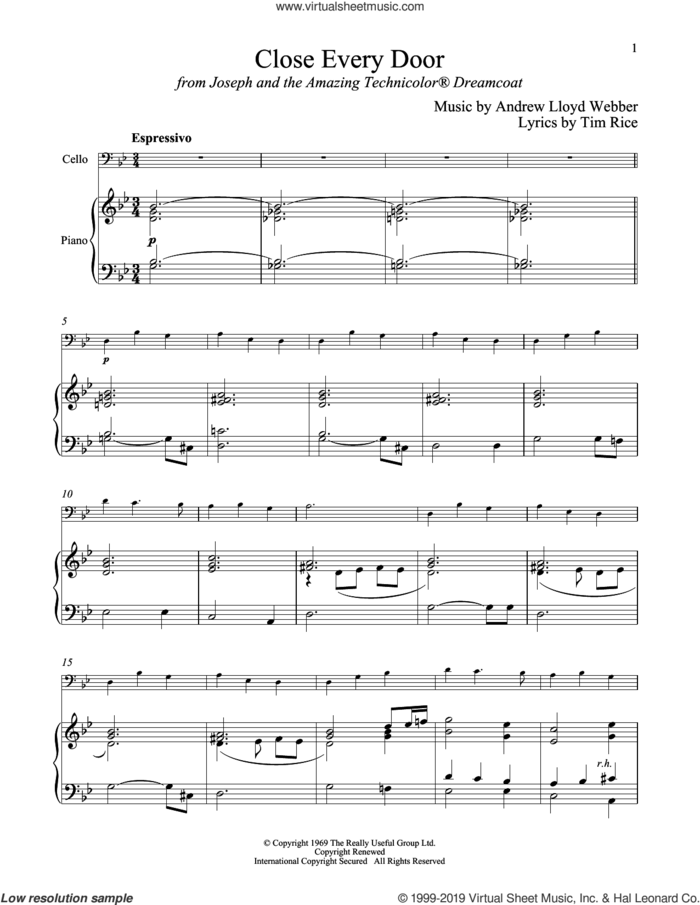 Close Every Door (from Joseph And The Amazing Technicolor Dreamcoat) sheet music for cello and piano by Andrew Lloyd Webber and Tim Rice, intermediate skill level