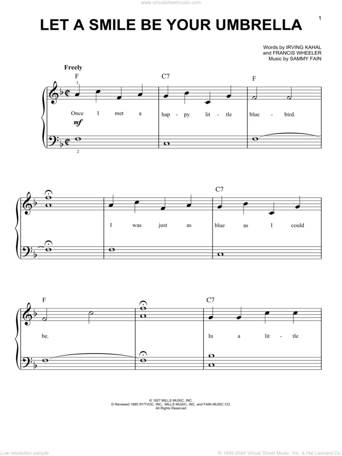 Let A Smile Be Your Umbrella sheet music for piano solo by Irving Kahal, Francis Wheeler and Sammy Fain, easy skill level