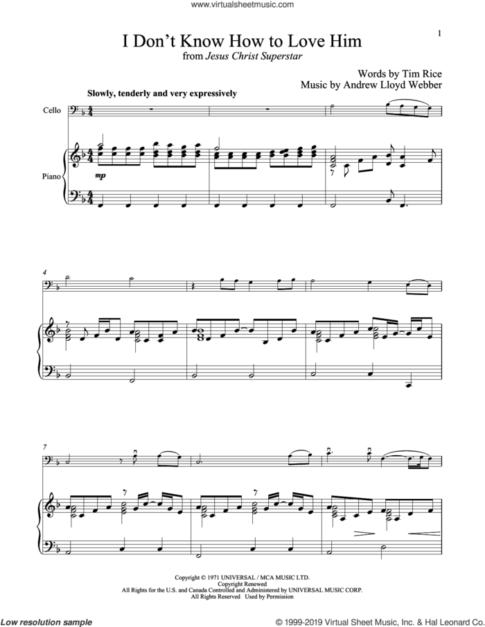 I Don't Know How To Love Him (from Jesus Christ Superstar) sheet music for cello and piano by Andrew Lloyd Webber, Helen Reddy and Tim Rice, intermediate skill level