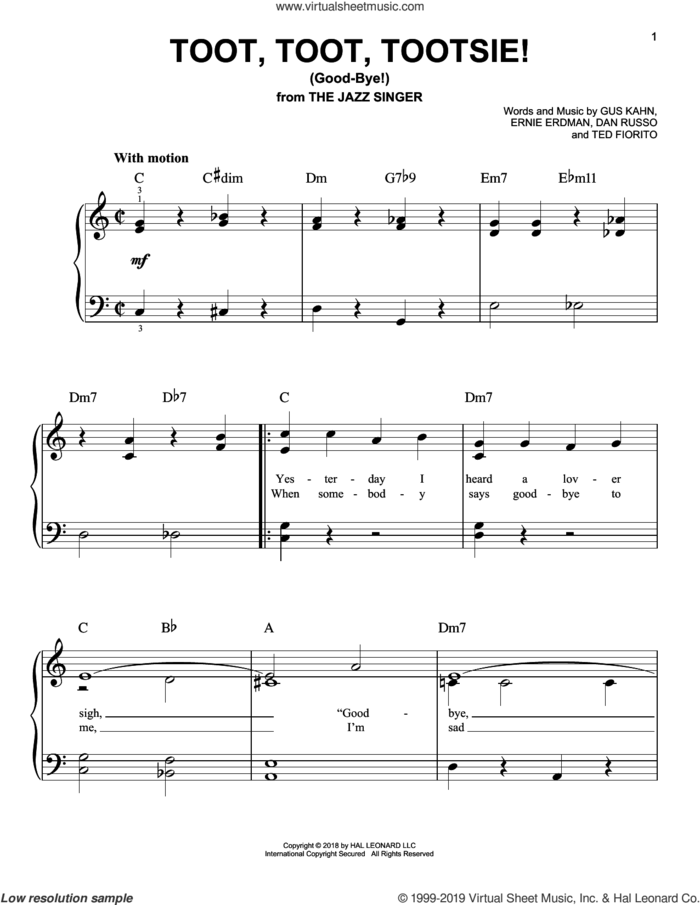 Toot, Toot, Tootsie! (Good-bye!) sheet music for piano solo by Gus Kahn, Dan Russo, Ernie Erdman and Ted Fiorito, easy skill level