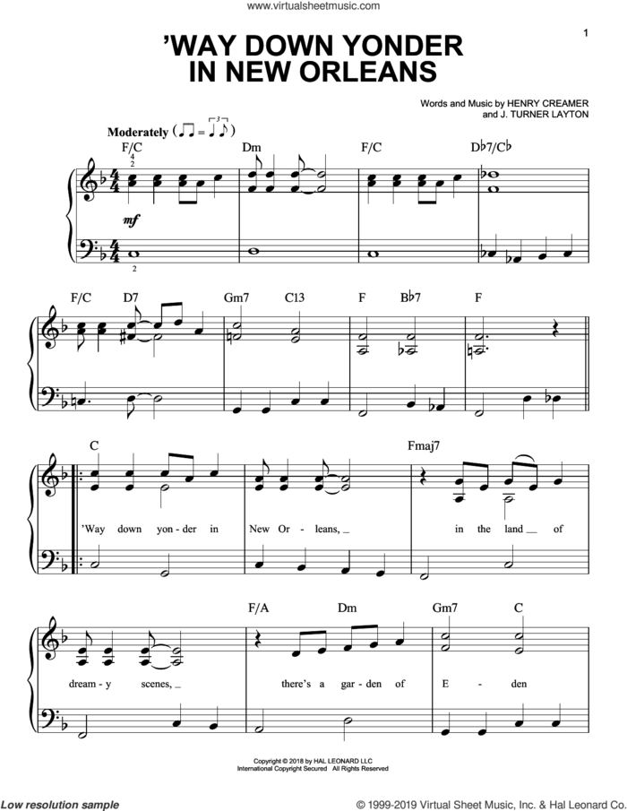 'Way Down Yonder In New Orleans sheet music for piano solo by Henry Creamer and Turner Layton, Blossom Seely, Freddy Cannon, Henry Creamer and Turner Layton, easy skill level