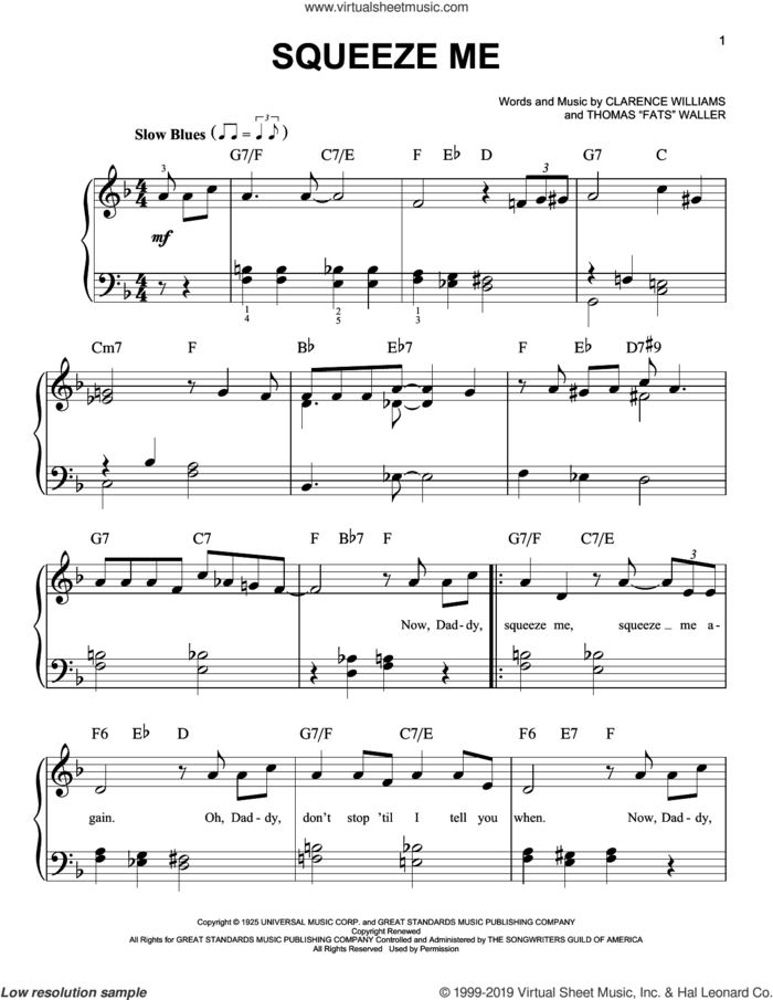 Squeeze Me sheet music for piano solo by Thomas Waller and Clarence Williams, easy skill level