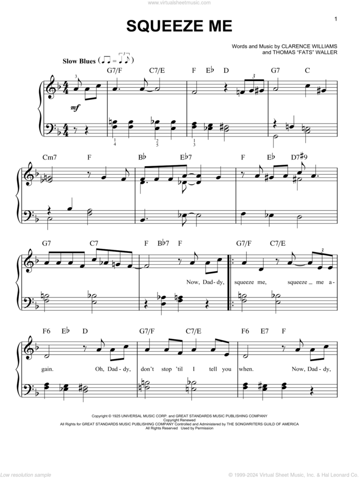 Squeeze Me sheet music for piano solo by Thomas Waller and Clarence Williams, easy skill level