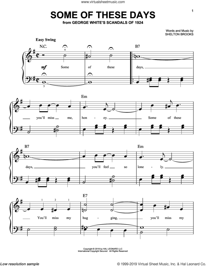 Some Of These Days sheet music for piano solo by Shelton Brooks and Sophie Tucker, easy skill level