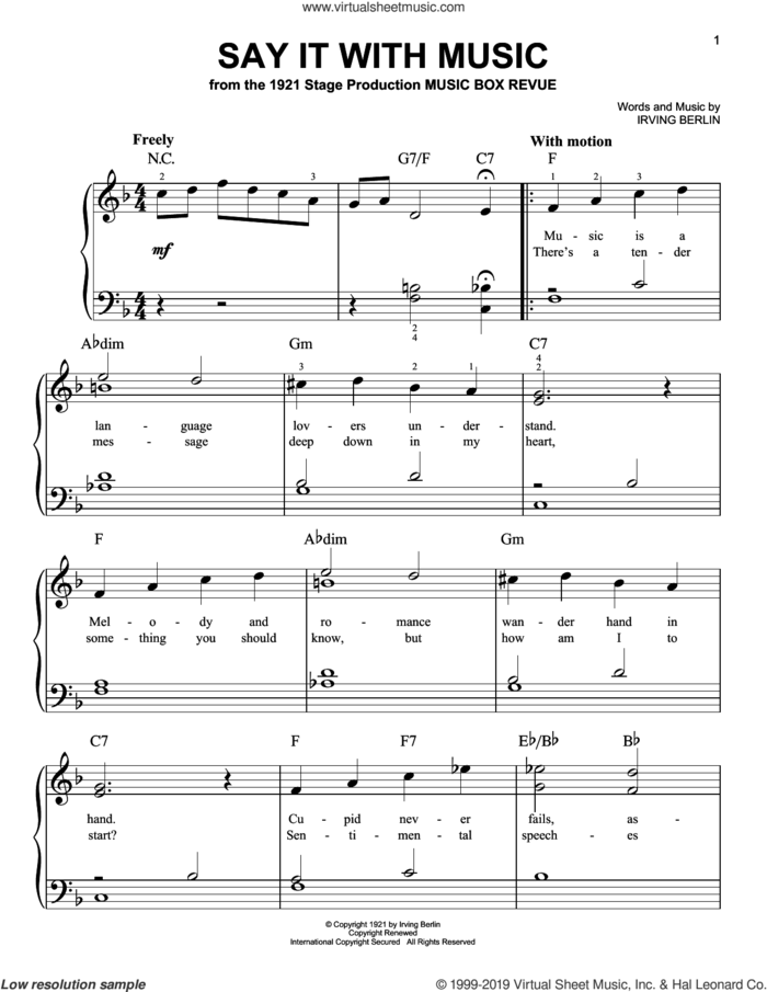 Say It With Music sheet music for piano solo by Irving Berlin, easy skill level