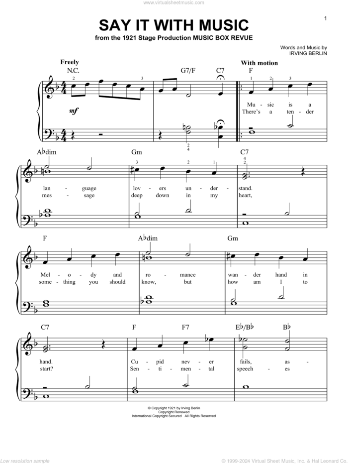 Say It With Music sheet music for piano solo by Irving Berlin, easy skill level