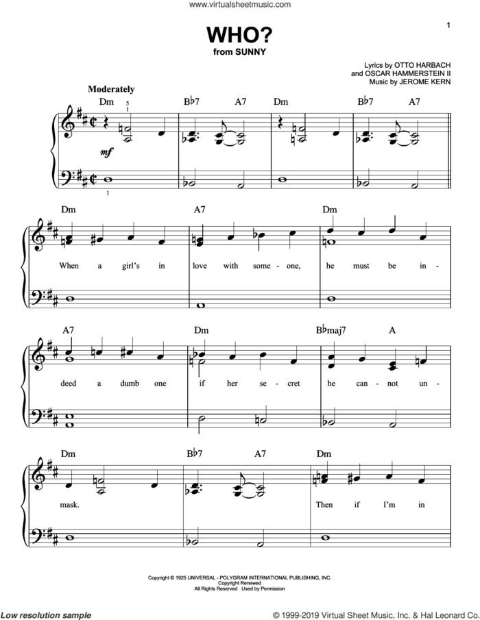 Who? sheet music for piano solo by Oscar II Hammerstein, Jerome Kern and Otto Harbach, easy skill level