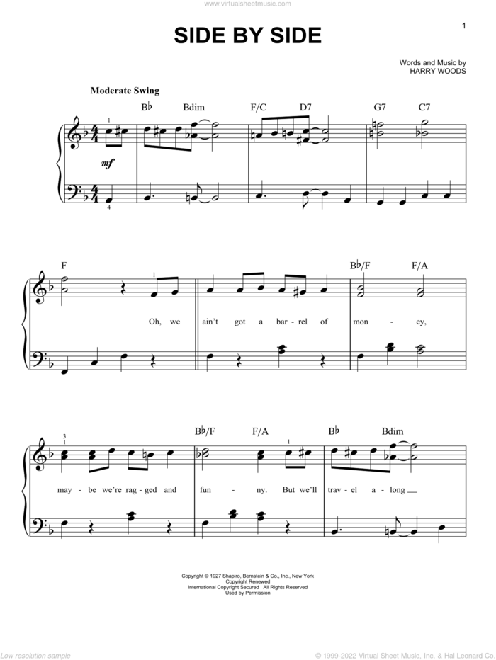Side By Side sheet music for piano solo by Harry Woods and Patsy Cline, easy skill level