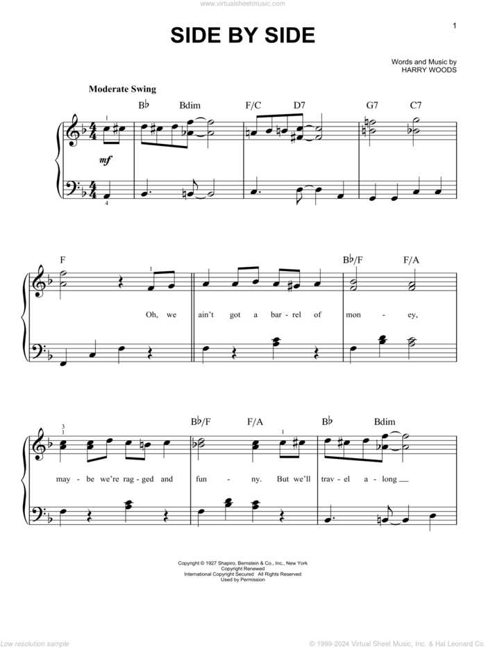 Side By Side sheet music for piano solo by Harry Woods and Patsy Cline, easy skill level