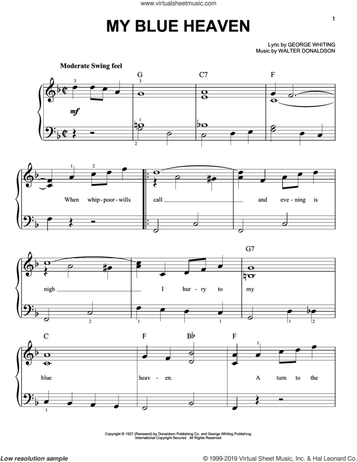 My Blue Heaven sheet music for piano solo by Walter Donaldson and George Whiting, easy skill level