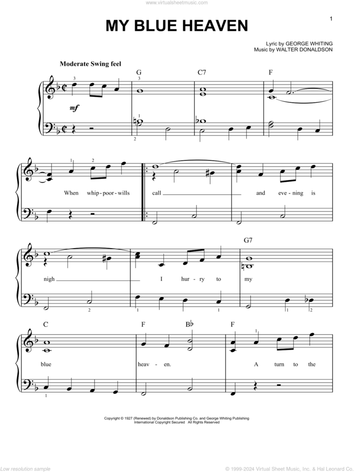 My Blue Heaven sheet music for piano solo by Walter Donaldson and George Whiting, easy skill level