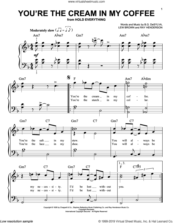 You're The Cream In My Coffee sheet music for piano solo by Buddy DeSylva, Lew Brown and Ray Henderson, easy skill level