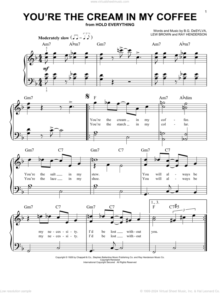 You're The Cream In My Coffee sheet music for piano solo by Buddy DeSylva, Lew Brown and Ray Henderson, easy skill level