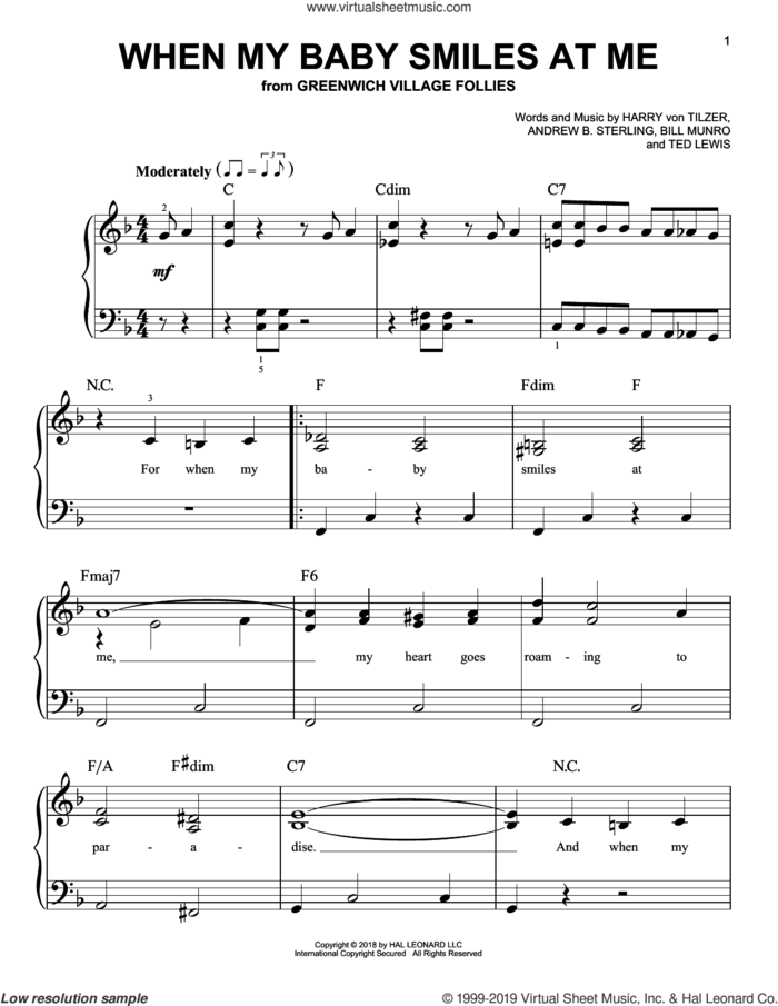 When My Baby Smiles At Me sheet music for piano solo by Harry Von Tilzer, Andrew B. Sterling, Bill Munro and Ted Lewis, easy skill level