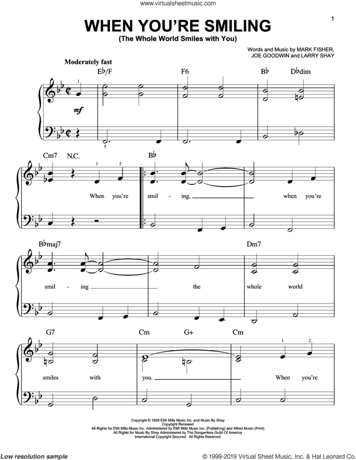 When You're Smiling (The Whole World Smiles With You) sheet music for piano solo by Mark Fisher, Joe Goodwin and Larry Shay, easy skill level