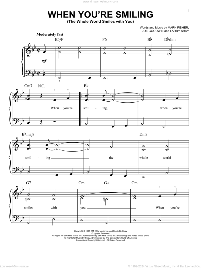 When You're Smiling (The Whole World Smiles With You) sheet music for piano solo by Mark Fisher, Joe Goodwin and Larry Shay, easy skill level