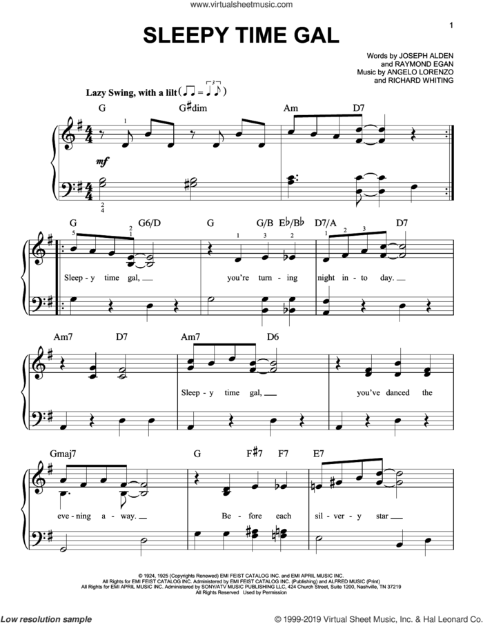 Sleepy Time Gal sheet music for piano solo by Richard A. Whiting, Angelo Lorenzo, Joseph Alden and Raymond Egan, easy skill level