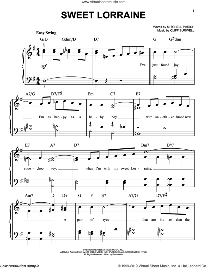 Sweet Lorraine sheet music for piano solo by Mitchell Parish and Cliff Burwell, easy skill level