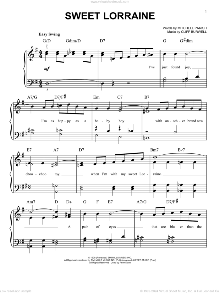 Sweet Lorraine sheet music for piano solo by Mitchell Parish and Cliff Burwell, easy skill level