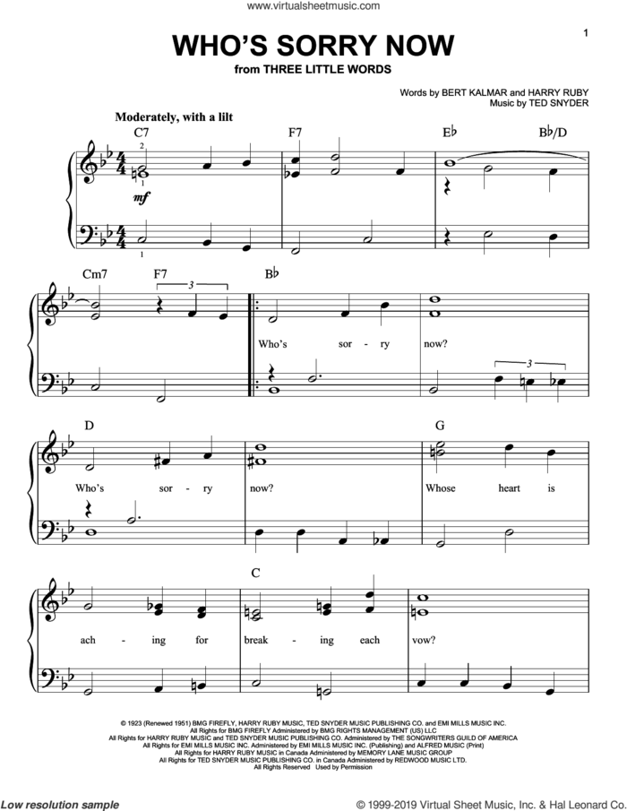 Who's Sorry Now sheet music for piano solo by Harry Ruby, Connie Francis, Bert Kalmar and Ted Snyder, easy skill level
