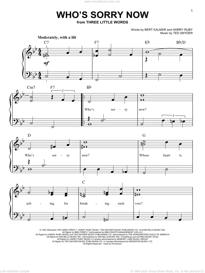 Who's Sorry Now sheet music for piano solo by Harry Ruby, Connie Francis, Bert Kalmar and Ted Snyder, easy skill level