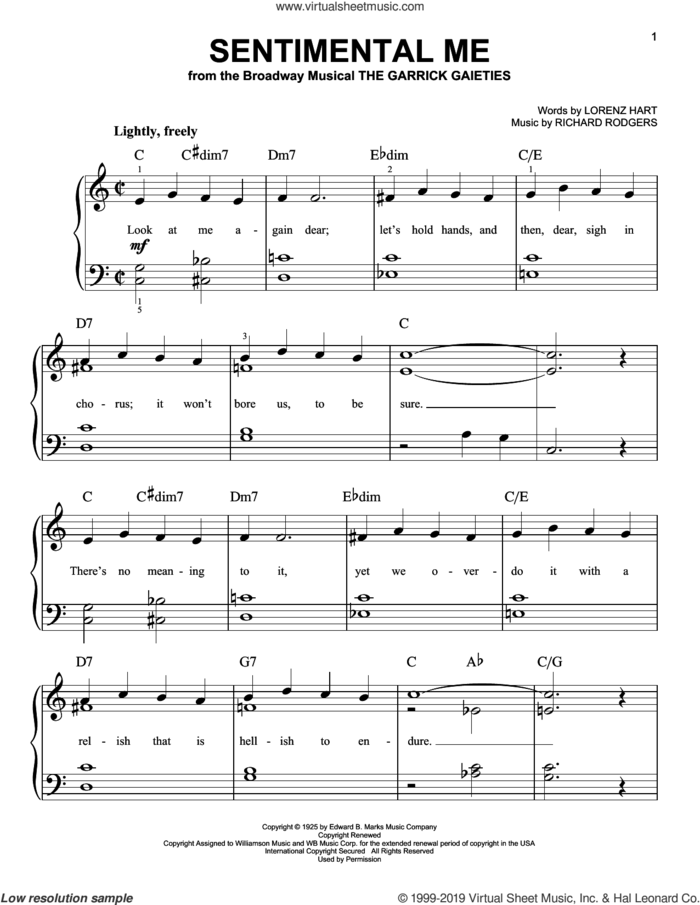 Sentimental Me sheet music for piano solo by Rodgers & Hart, Lorenz Hart and Richard Rodgers, easy skill level