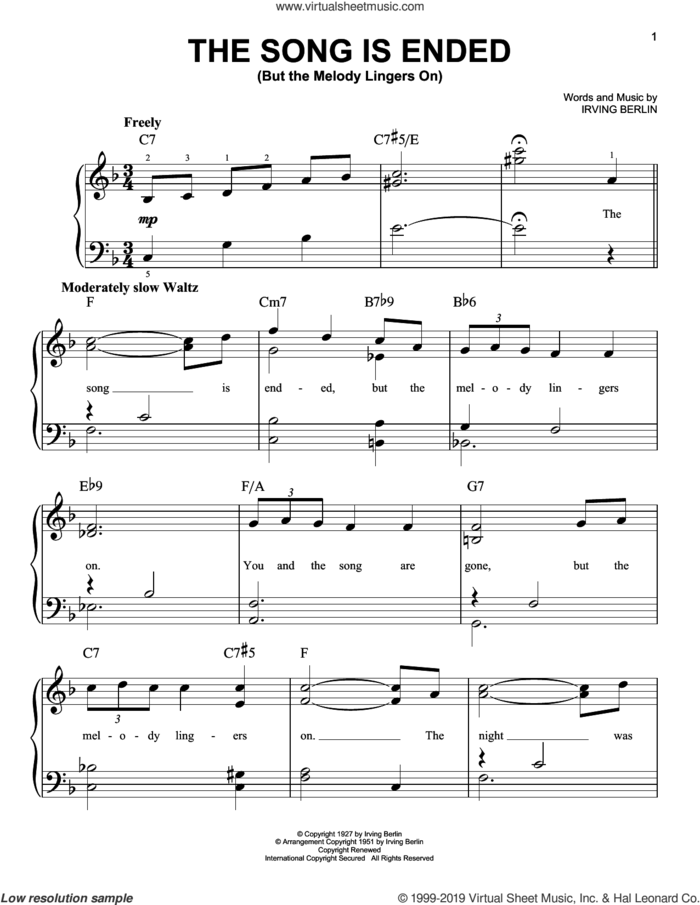 The Song Is Ended (But The Melody Lingers On) sheet music for piano solo by Irving Berlin, easy skill level