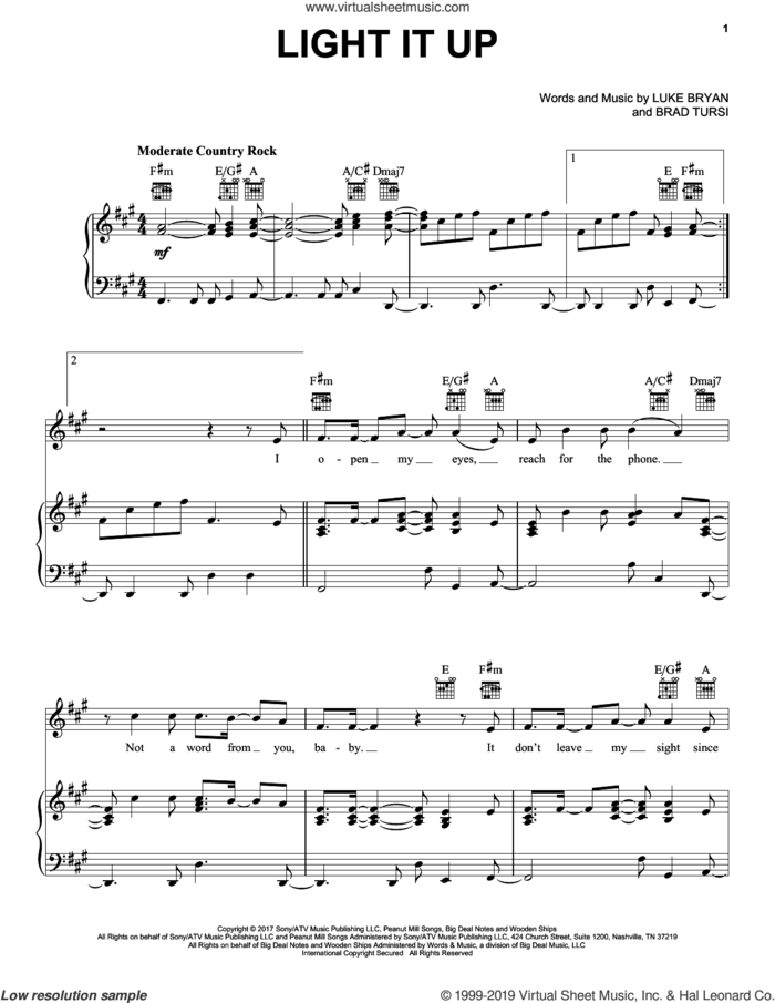 Light It Up sheet music for voice, piano or guitar by Luke Bryan and Brad Tursi, intermediate skill level