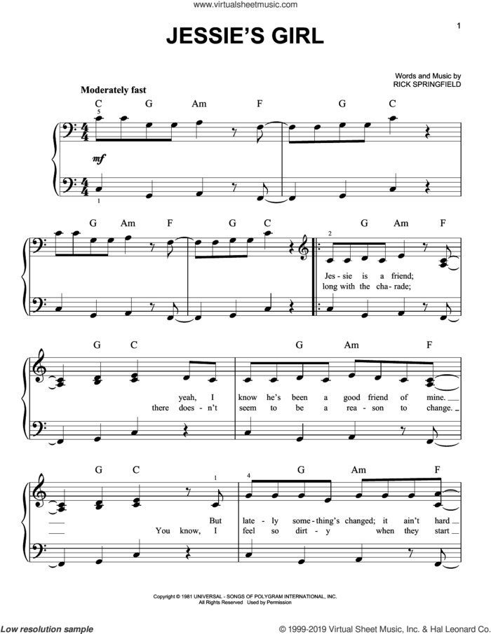 Jessie's Girl sheet music for piano solo by Rick Springfield, easy skill level