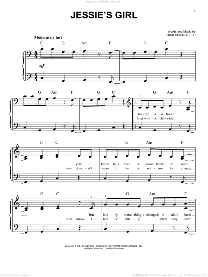 Jessie's Girl sheet music for piano solo by Rick Springfield, easy skill level