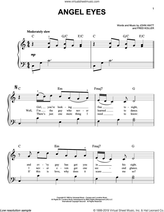 Angel Eyes sheet music for piano solo by John Hiatt and Fred Koller, easy skill level