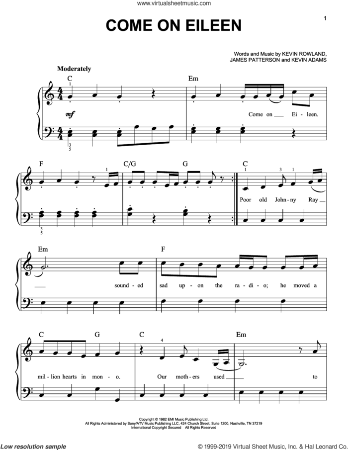 Come On Eileen sheet music for piano solo by Dexy's Midnight Runners, James Patterson, Kevin Adams and Kevin Rowland, easy skill level