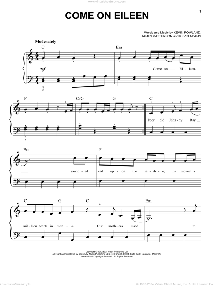 Come On Eileen sheet music for piano solo by Dexy's Midnight Runners, James Patterson, Kevin Adams and Kevin Rowland, easy skill level