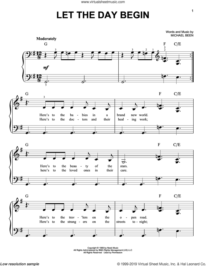 Let The Day Begin sheet music for piano solo by The Call and Michael Been, easy skill level