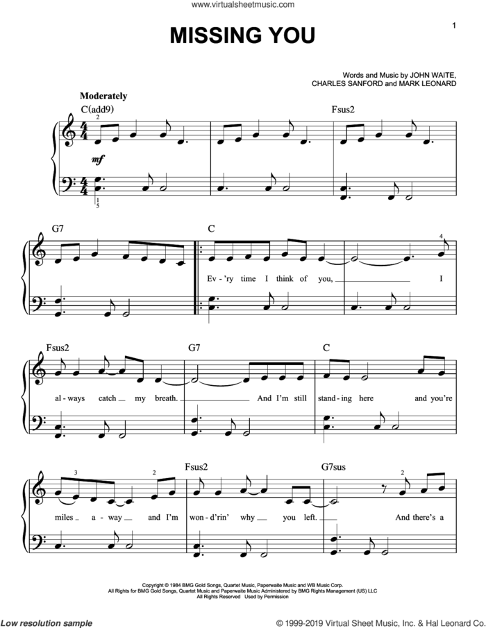 Missing You sheet music for piano solo by Brooks & Dunn, Charles Sanford and Mark Leonard, easy skill level