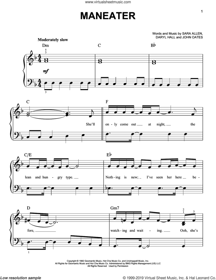 Maneater sheet music for piano solo by Daryl Hall, Hall and Oates, John Oates and Sara Allen, easy skill level