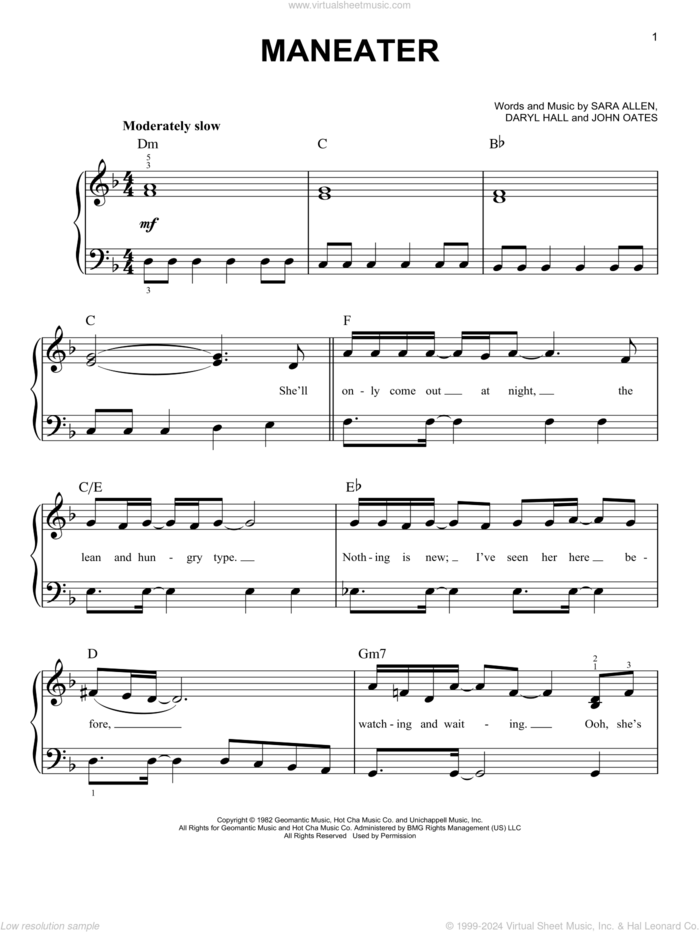 Maneater sheet music for piano solo by Hall and Oates, Daryl Hall, John Oates and Sara Allen, easy skill level