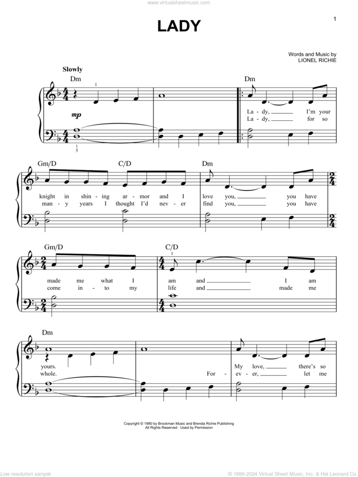 Lady sheet music for piano solo by Kenny Rogers and Lionel Richie, easy skill level