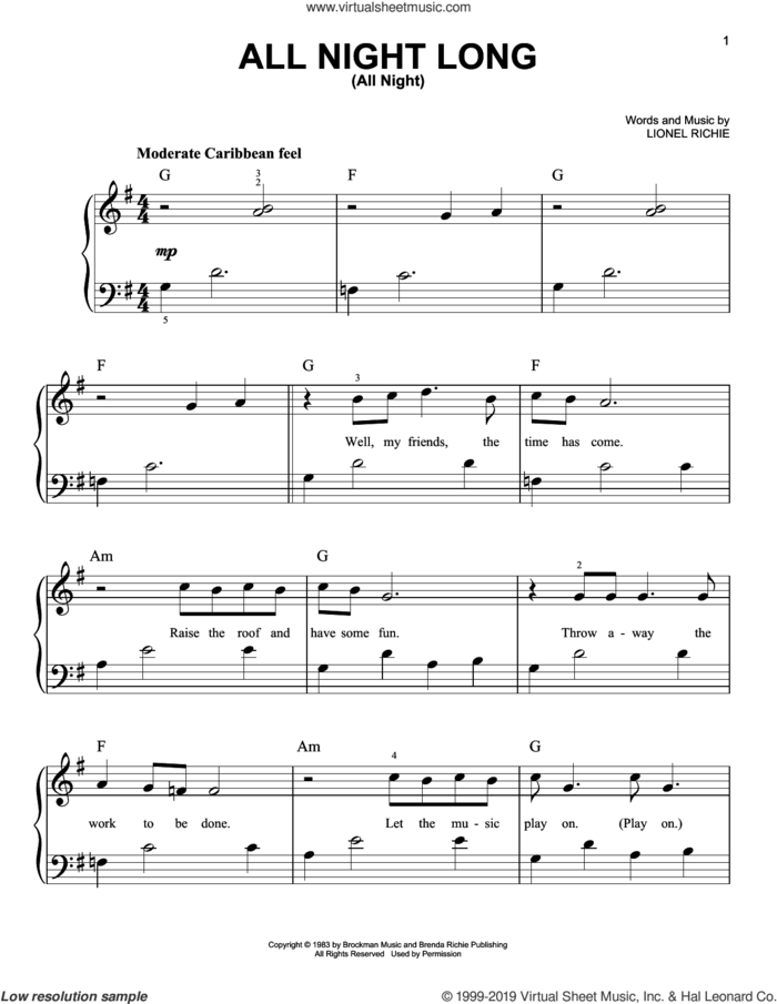 All Night Long (All Night) sheet music for piano solo by Lionel Richie, easy skill level