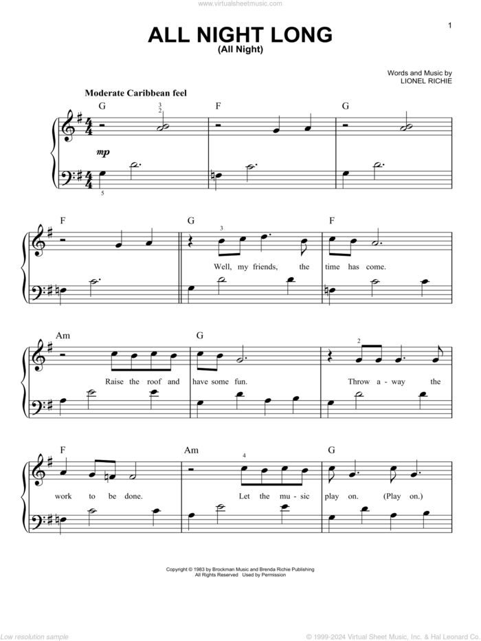 All Night Long (All Night) sheet music for piano solo by Lionel Richie, easy skill level