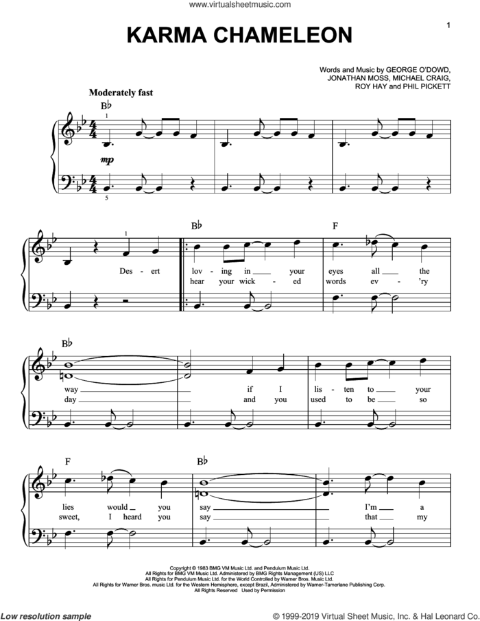 Karma Chameleon sheet music for piano solo by Culture Club, Jonathan Moss, Michael Craig, Phil Pickett and Roy Hay, easy skill level