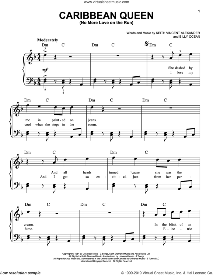 Caribbean Queen (No More Love On The Run) sheet music for piano solo by Billy Ocean and Keith Vincent Alexander, easy skill level