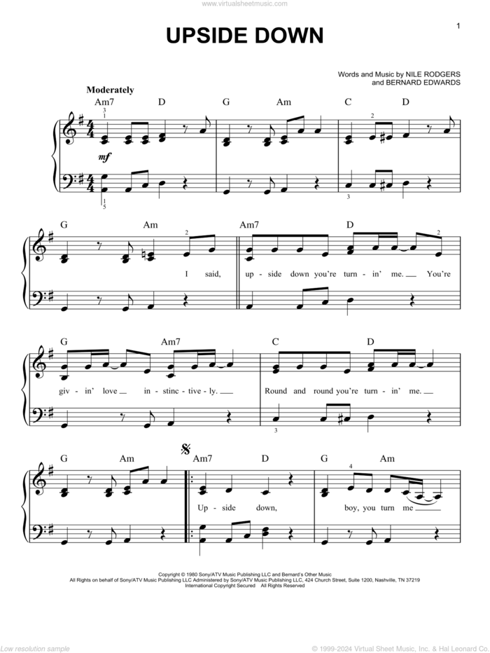 Upside Down sheet music for piano solo by Diana Ross, Bernard Edwards and Nile Rodgers, easy skill level