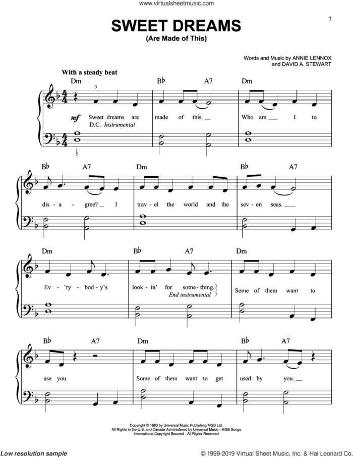 Sweet Dreams (Are Made Of This) sheet music for piano solo by Eurythmics, Annie Lennox and Dave Stewart, easy skill level