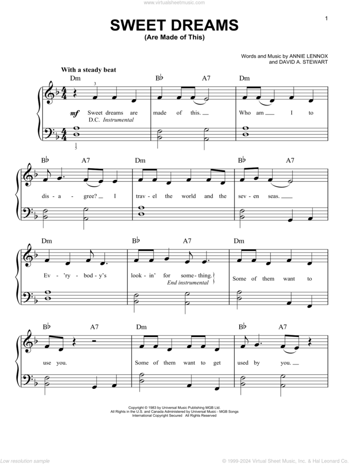 Sweet Dreams (Are Made Of This), (easy) sheet music for piano solo by Eurythmics, Annie Lennox and Dave Stewart, easy skill level